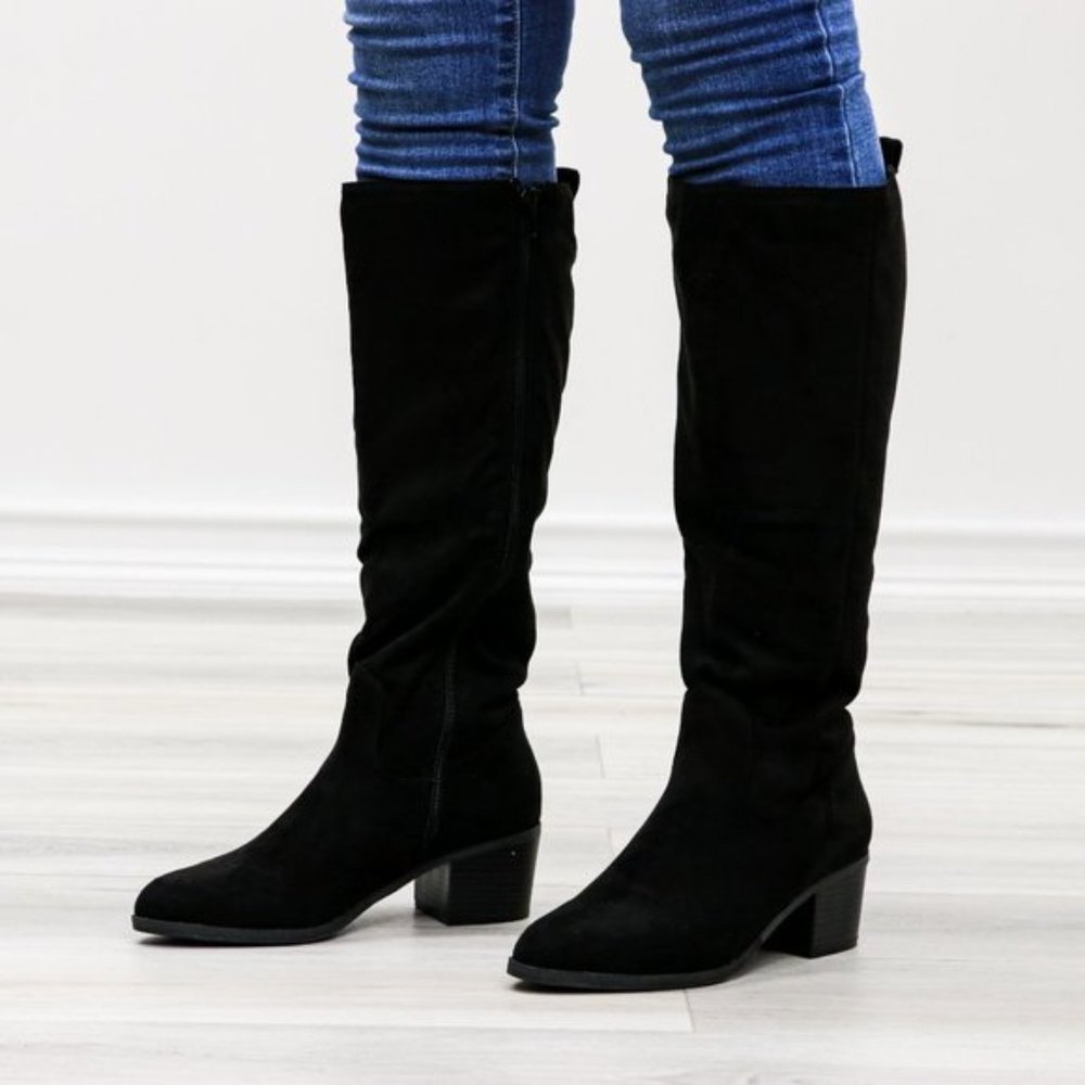 Pointy Toe Below The Knee Black Boots Faux Suede - Picture 9 of 11